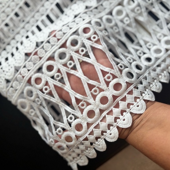 Womens Bebe White Crochet Lace Sheer Sleeve Top Size Medium - Picture 2 of 8